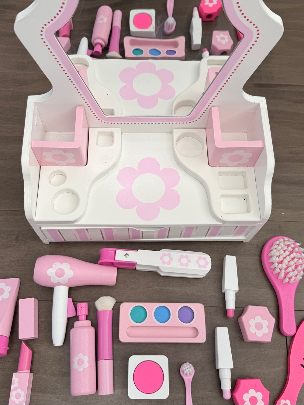 Melissa & Doug Pink Floral Kids Vanity Playset - Pretend Makeup Hair Accessories